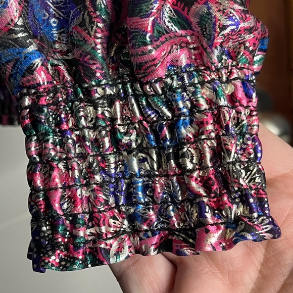 VTG 80s Silver Threads Sz M Paisley Polyester Silver Foil Dolman Sleeve Top - Picture 6 of 7